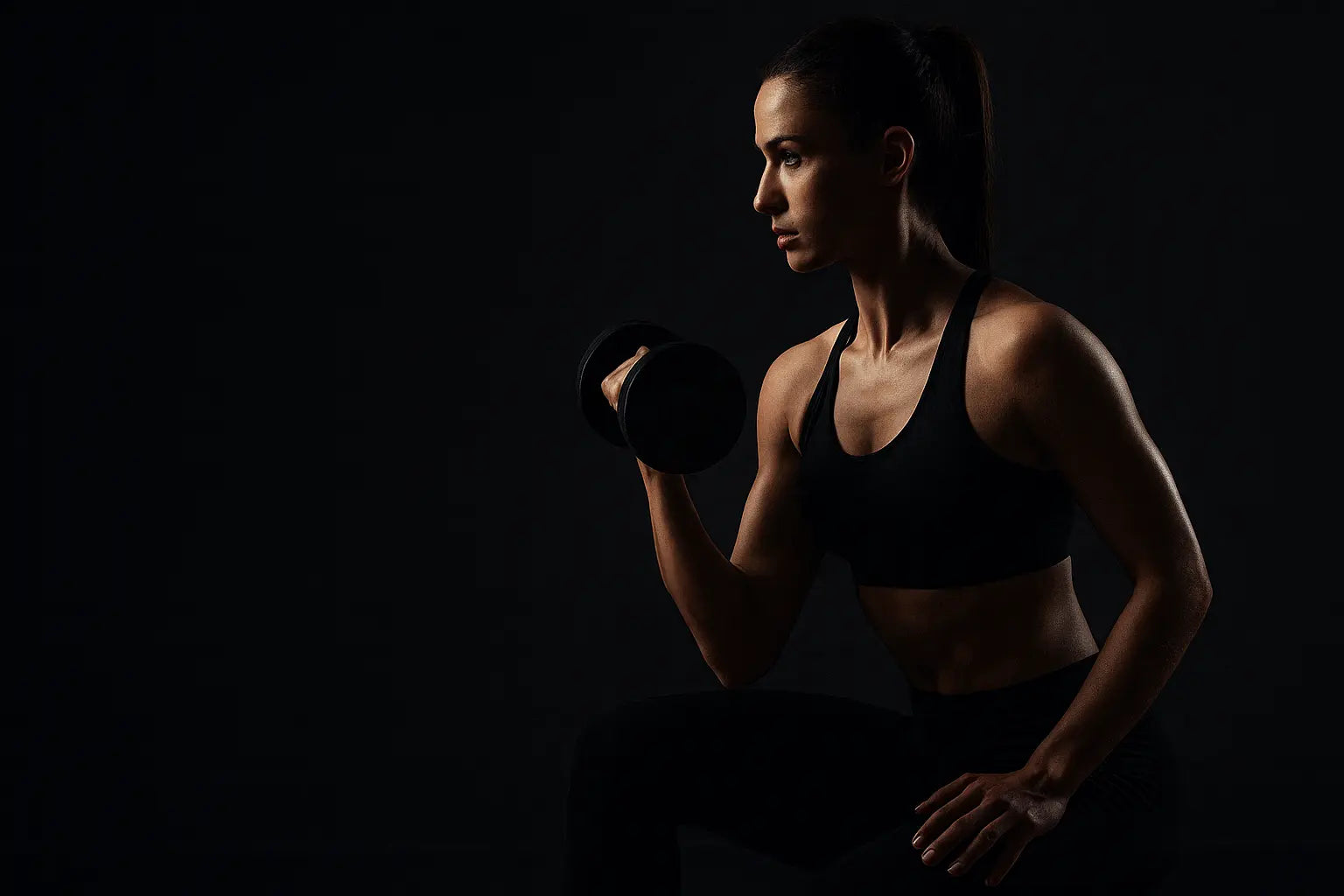 Woman in sports bra and leggings holding a dumbbell against a dark background
