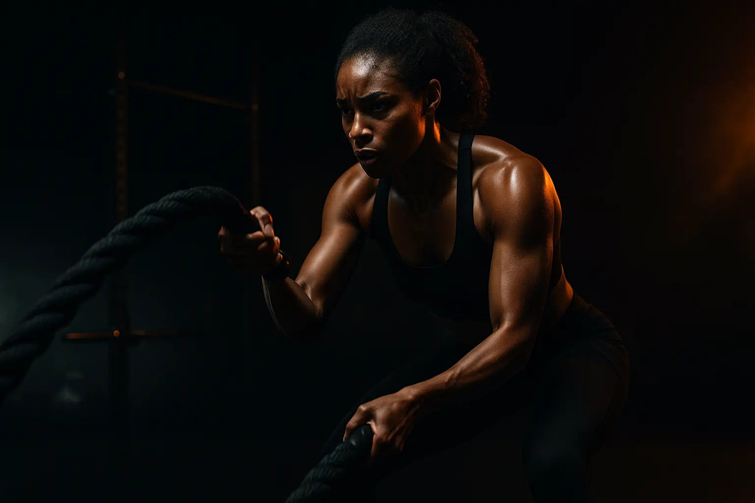 Athlete training intensely in a dark gym with moody lighting and a soft orange glow, performing a powerful workout movement in a minimalist, cinematic setting.